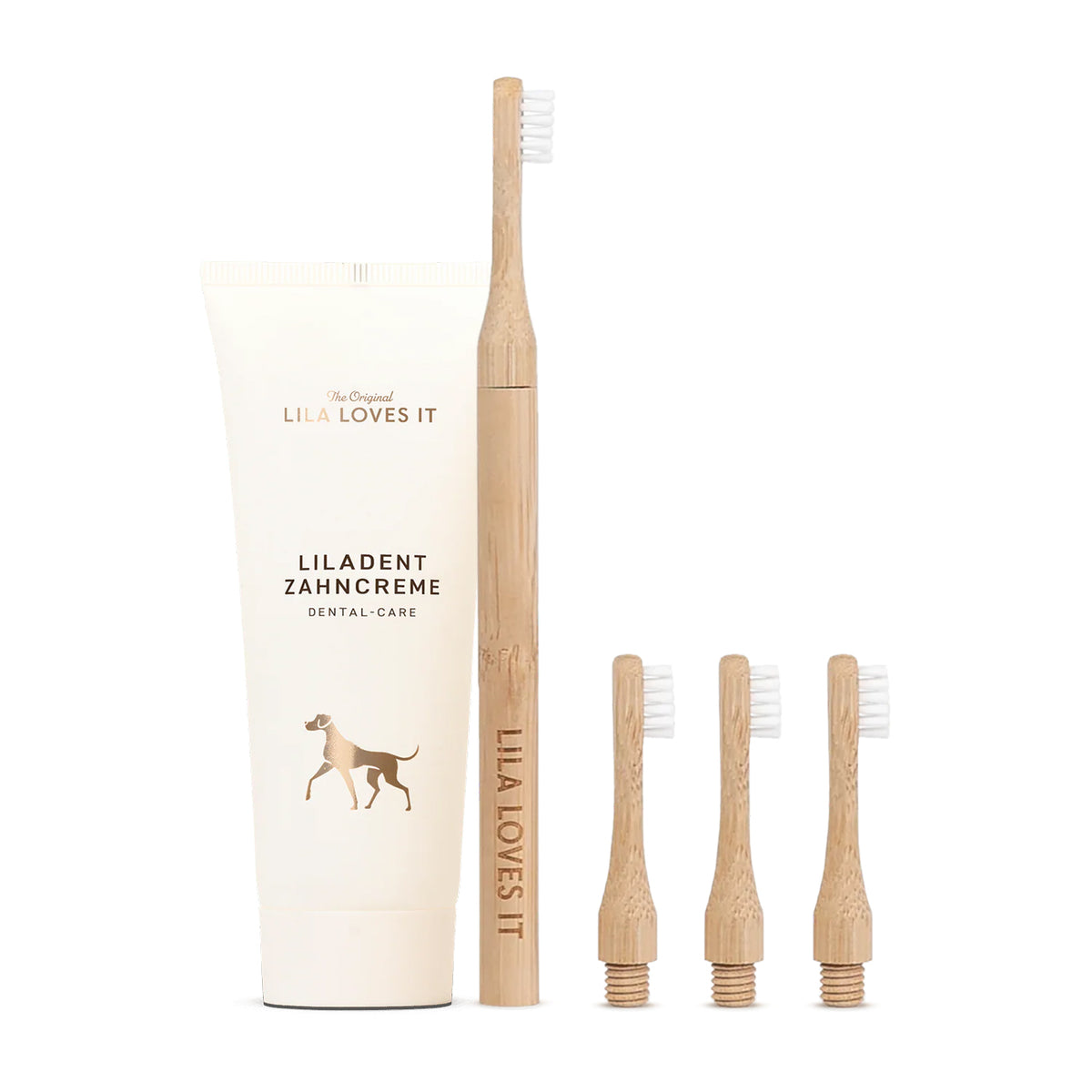 Set LILA LOVES IT Liladent Zahncreme Hundezahnbürste aus Bambus mit Wechselköpfen