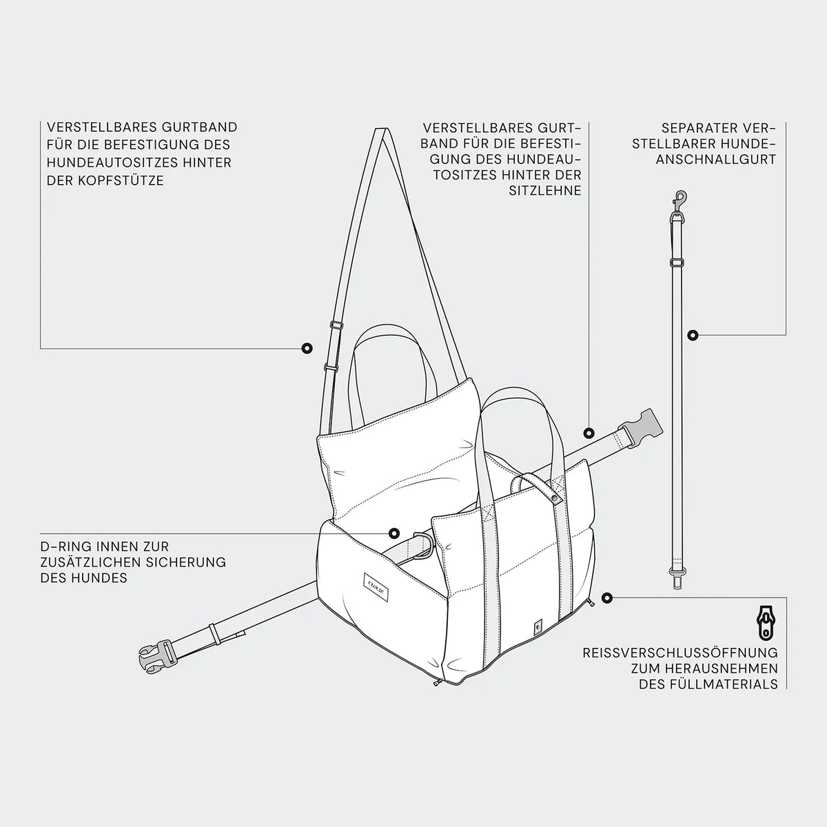 Cloud7 Hundeautositz Getaway Light Graphite tragbar Hundereisebett multifunktional waschbar